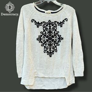 Democracy Sweater Cream Velvet Design Long Sleeve Wool Blend Drop Tail Hem Sz S